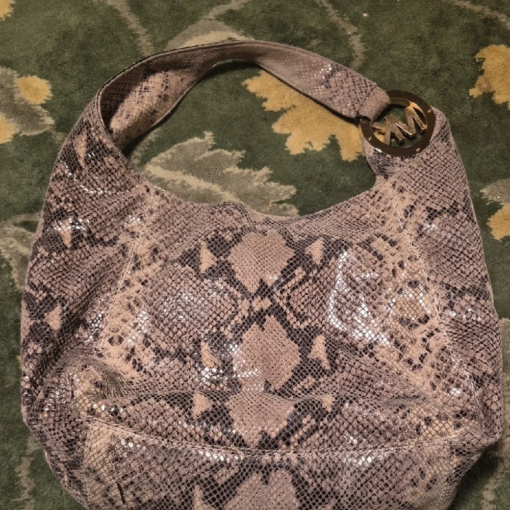 Michael Kors Taupe Snakeskin-Print Shoulder Bag with Gold MK Accent